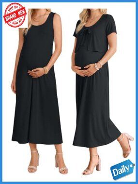 2 Piece Maternity Maxi Dress Set with Cardigan, Lounge Outfit, Pocket